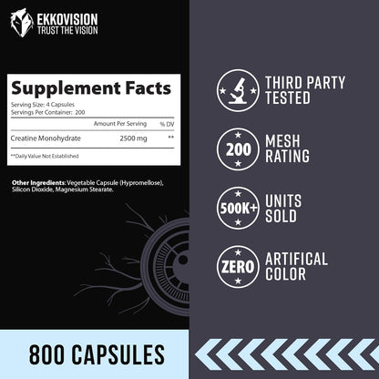 Micronized Creatine Monohydrate Capsules - Unflavored Supplement for Pre and Post Workout Support, 800 Capsules (200 Servings)