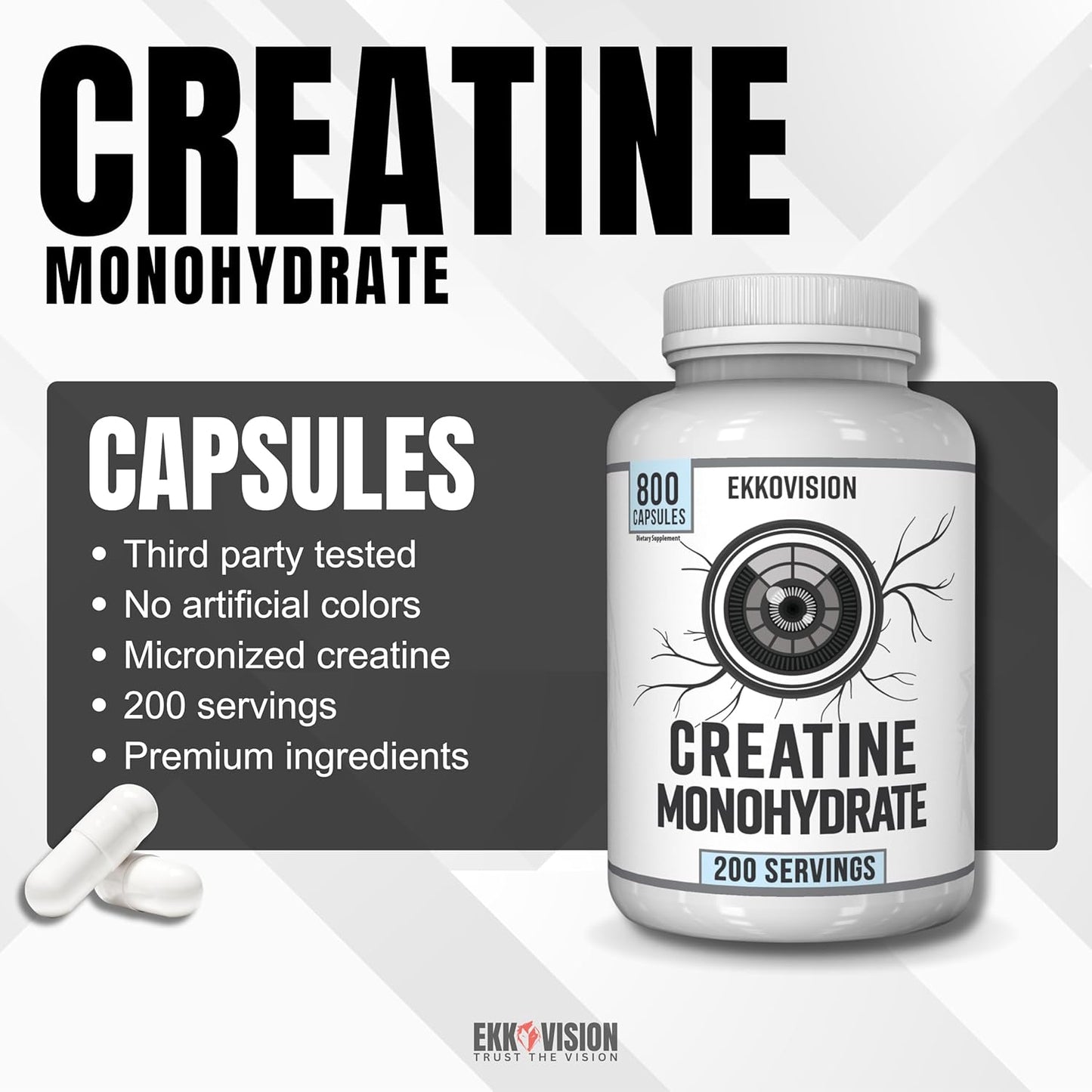 Micronized Creatine Monohydrate Capsules - Unflavored Supplement for Pre and Post Workout Support, 800 Capsules (200 Servings)