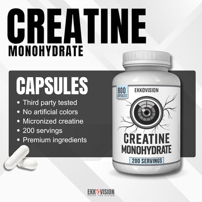 Micronized Creatine Monohydrate Capsules - Unflavored Supplement for Pre and Post Workout Support, 800 Capsules (200 Servings)