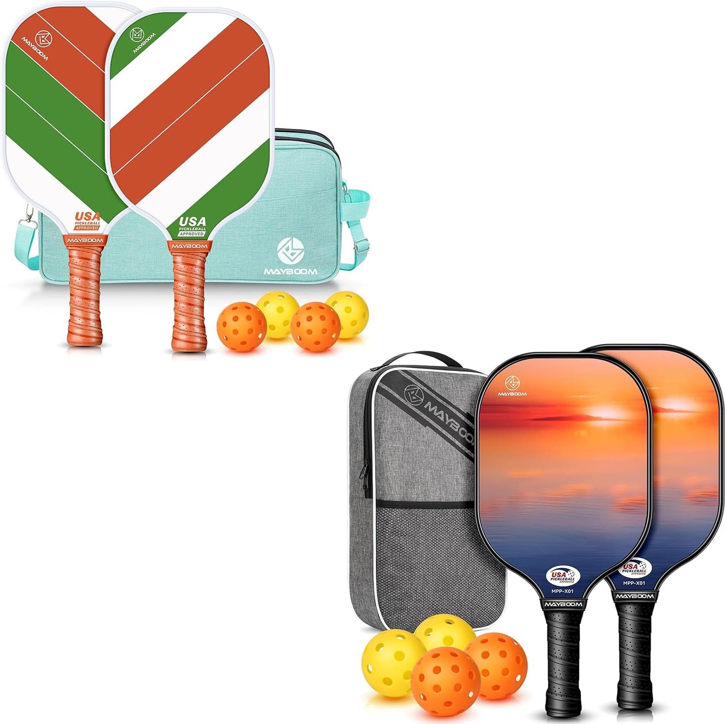 USAPA Approved Pickleball Set: 4 Paddles & 8 Balls, Fiberglass Rackets, Carry Bags for Beginners