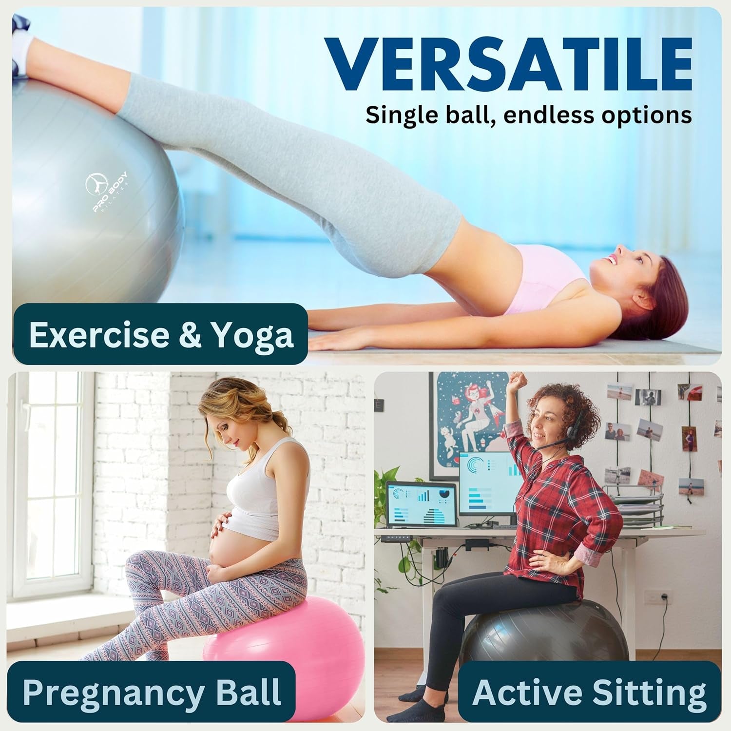 Exercise Ball - Premium Gym-Grade Balance Ball for Fitness, Yoga, Workouts, Pregnancy, and Physical Therapy in Various Sizes